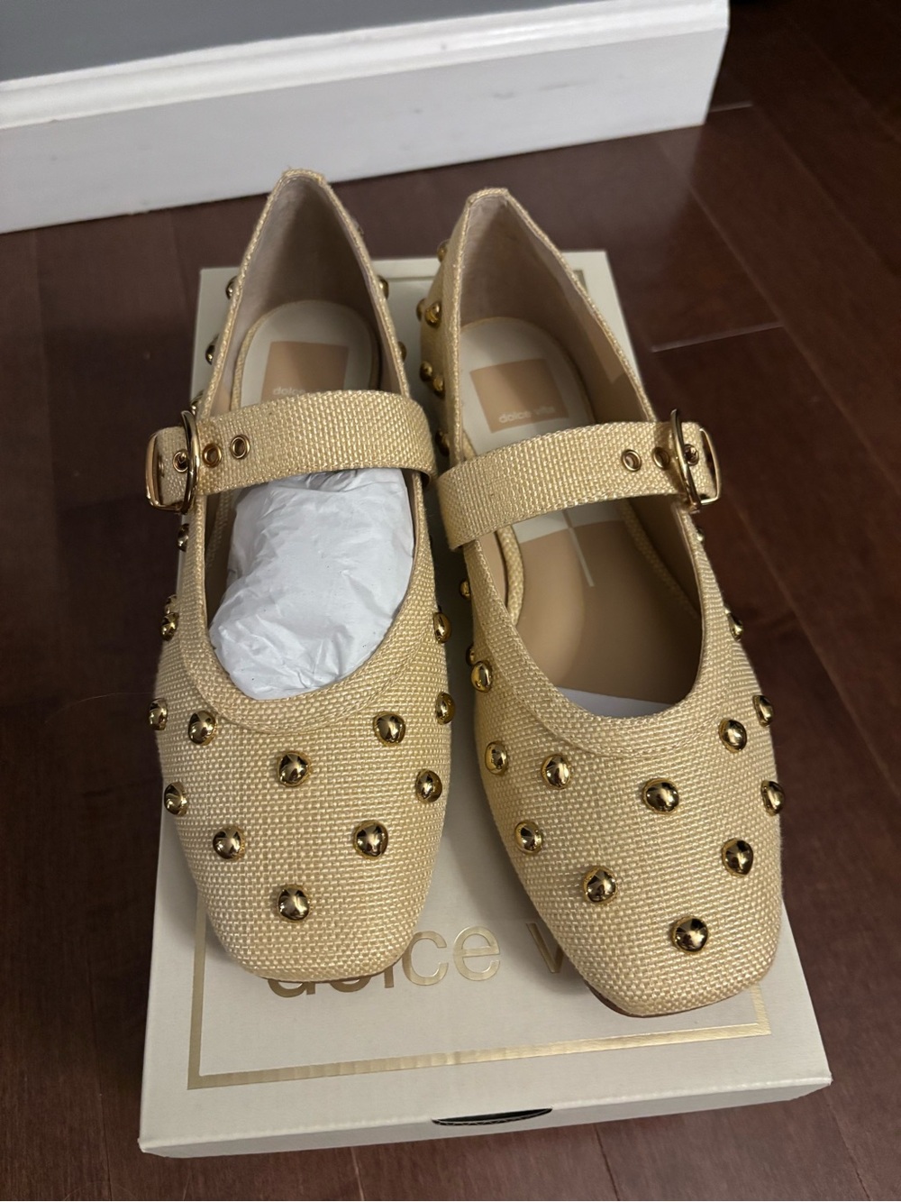 MIKEL STUD BALLET FLATS LT NATURAL RAFFIA